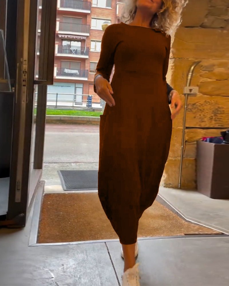 Minimal Long Sleeve Knit Dress | Soft Stretch Jersey | Relaxed Midi Fit