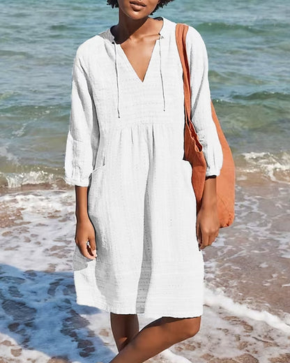 White Cotton Beach Dress | Tunic Style | Lightweight 3/4 Sleeve Cover-Up