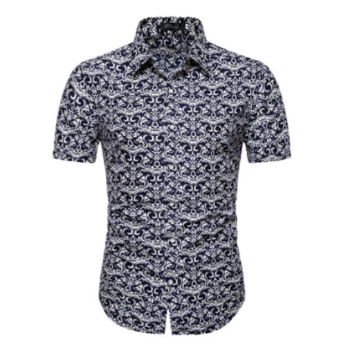Men’s Navy Printed Short Sleeve Shirt | Button-Up Casual Summer Top | Slim Fit