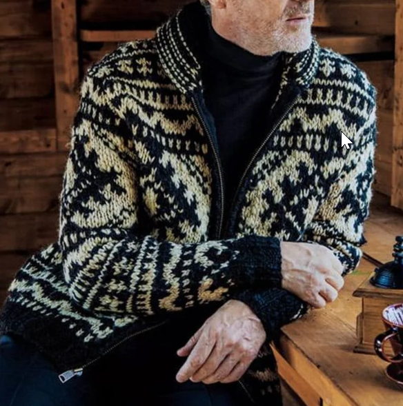 Cowichan-Style Knit Zip Cardigan | Heavyweight Wool Blend | Classic Winter Pattern