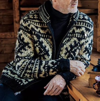 Cowichan-Style Knit Zip Cardigan | Heavyweight Wool Blend | Classic Winter Pattern
