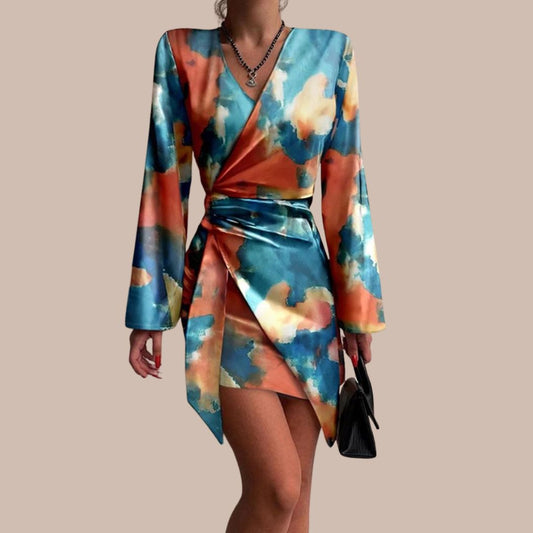 Satin Wrap Dress | Abstract Print with Long Sleeves & Side Tie | Elegant Evening Silhouette