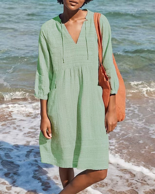 White Cotton Beach Dress | Tunic Style | Lightweight 3/4 Sleeve Cover-Up