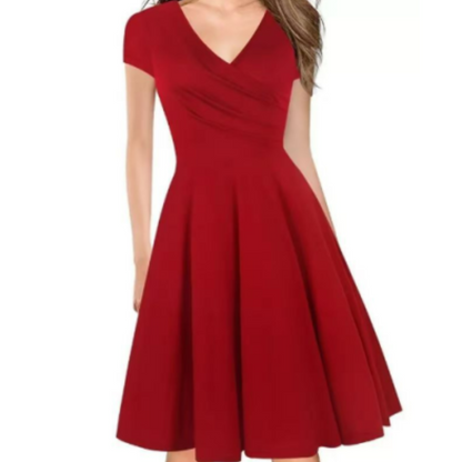 Fit and Flare Midi Dress | V-Neck Short Sleeve Swing Dress | Classic Daywear Style