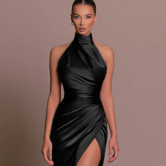 Satin Halter Neck Gown | Ruched Wrap Skirt | High Slit Evening Dress