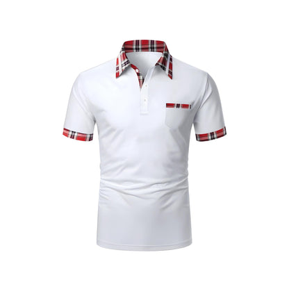 Men’s Polo Shirt with Plaid Trim | Short Sleeve Stretch Cotton | Smart Casual Summer Style