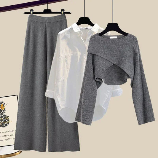 Three-Piece Layered Set | Wide-Leg Pants, Button Shirt, and Knit Overlay Top