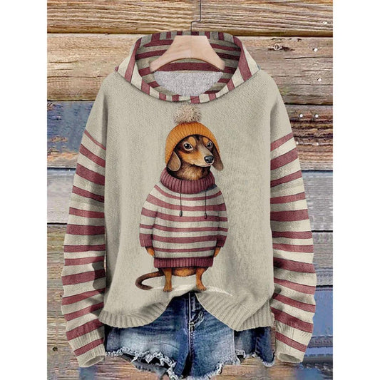Striped Dog Print Hoodie | Casual Pullover | Lightweight Knit