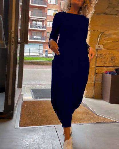 Minimal Long Sleeve Knit Dress | Soft Stretch Jersey | Relaxed Midi Fit