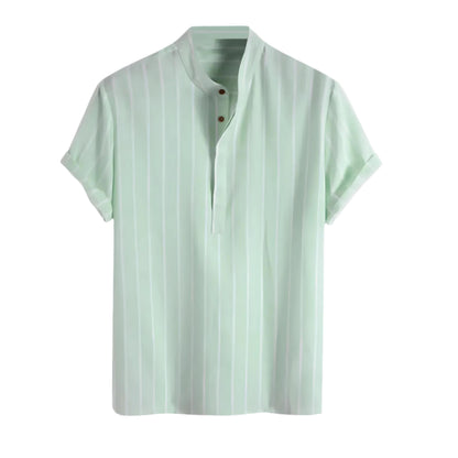 Striped Popover Shirt | Short Sleeve | Band Collar Lightweight Top