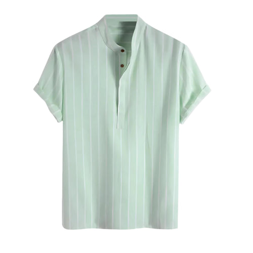Striped Popover Shirt | Short Sleeve | Band Collar Lightweight Top
