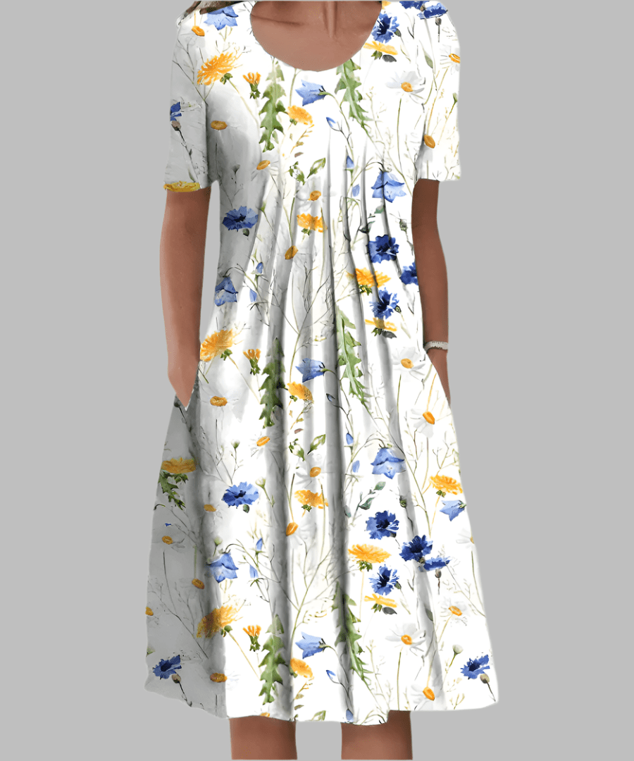 Floral Pleated Midi Dress | Short Sleeve | Scoop Neck with Pockets