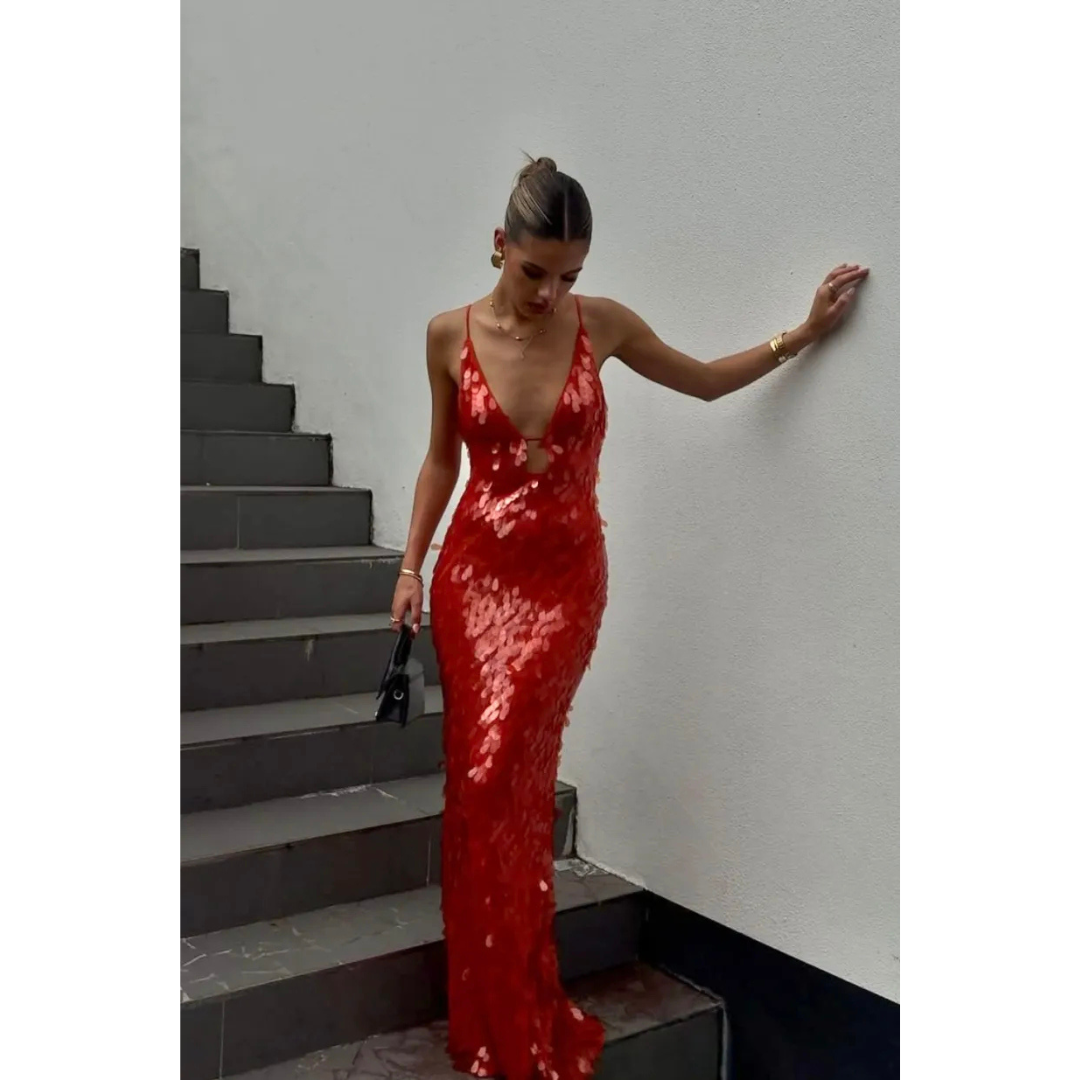 Sequin Gown | Deep V-Neck & Bodycon Fit | Red Evening Dress with Keyhole Detail