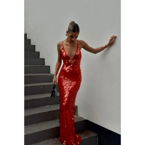 Sequin Gown | Deep V-Neck & Bodycon Fit | Red Evening Dress with Keyhole Detail