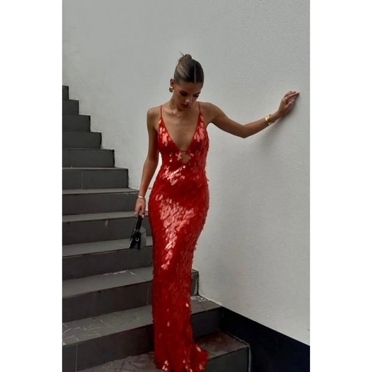 Sequin Gown | Deep V-Neck & Bodycon Fit | Red Evening Dress with Keyhole Detail