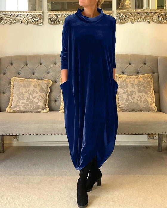 Velvet Long Sleeve Maxi Dress | Relaxed Fit | Cowl Neck with Pockets