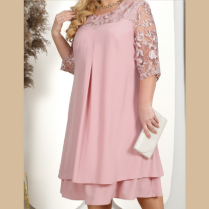 Plus Size Navy Chiffon Dress | Lace Sleeves & Layered Hem | Elegant Evening Fit