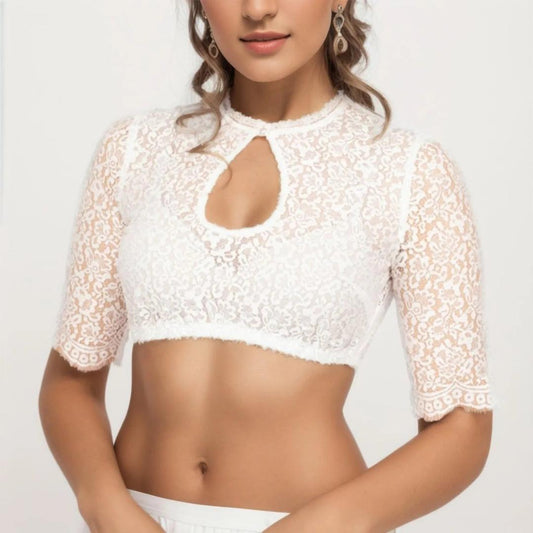 Lace Sheer Crop Top | Keyhole Neckline | Half Sleeve Bridal-Inspired Blouse