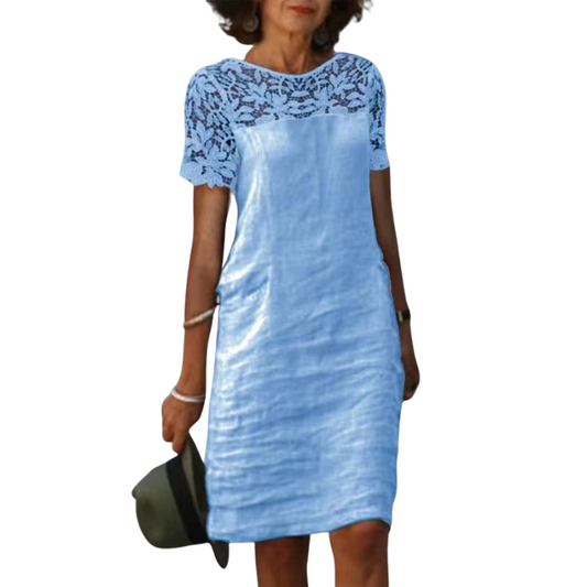 Lace Yoke Linen Dress | Short Sleeve Shift Style | Light Blue Summer Dress