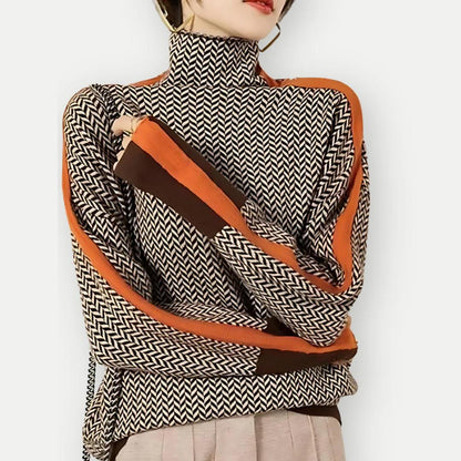Chevron Knit Turtleneck Sweater | Contrast Striped Sleeves | Fall-Winter Pullover