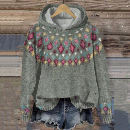 Women's Fair Isle Knit Hoodie | Colourful Patterned Pullover Sweater | Casual Fall Winter Layer
