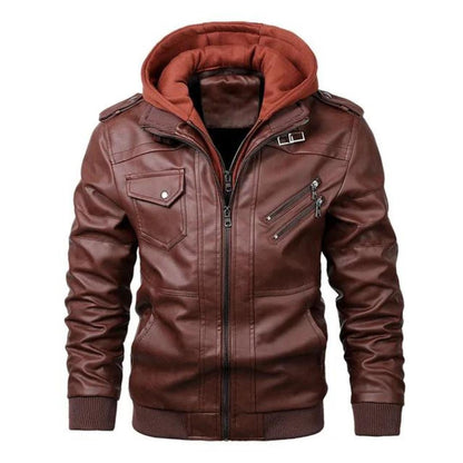 Men’s Faux Leather Moto Jacket | Fleece Hoodie Insert | Quilted Lining Outerwear