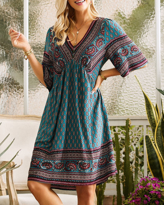 Boho Printed Tunic Dress | V-Neck | Lightweight Summer Fit