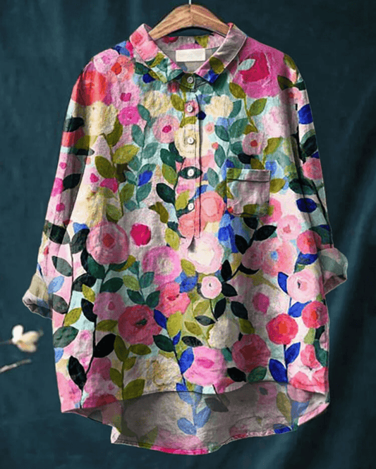 Watercolour Floral Shirt | Long Sleeve Button-Up | Relaxed Fit Linen-Blend