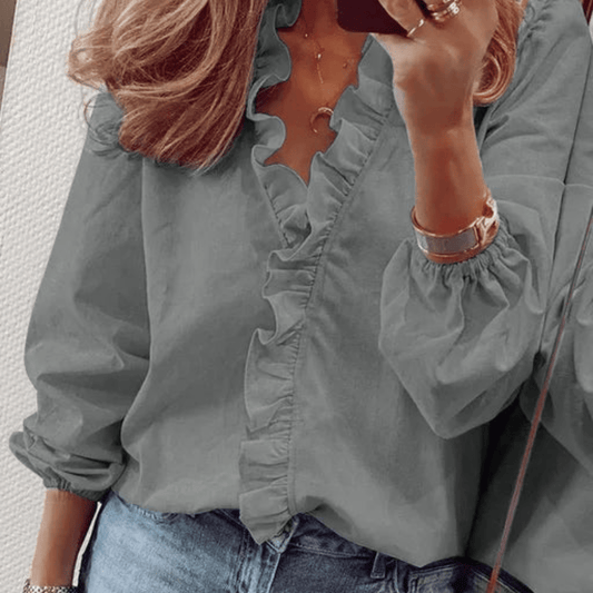 Ruffle Trim V-Neck Blouse | Long Sleeves | Relaxed Feminine Fit