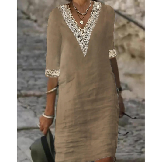 Linen Shift Dress | Embroidered V-Neck & Sleeves | Relaxed Knee-Length Fit