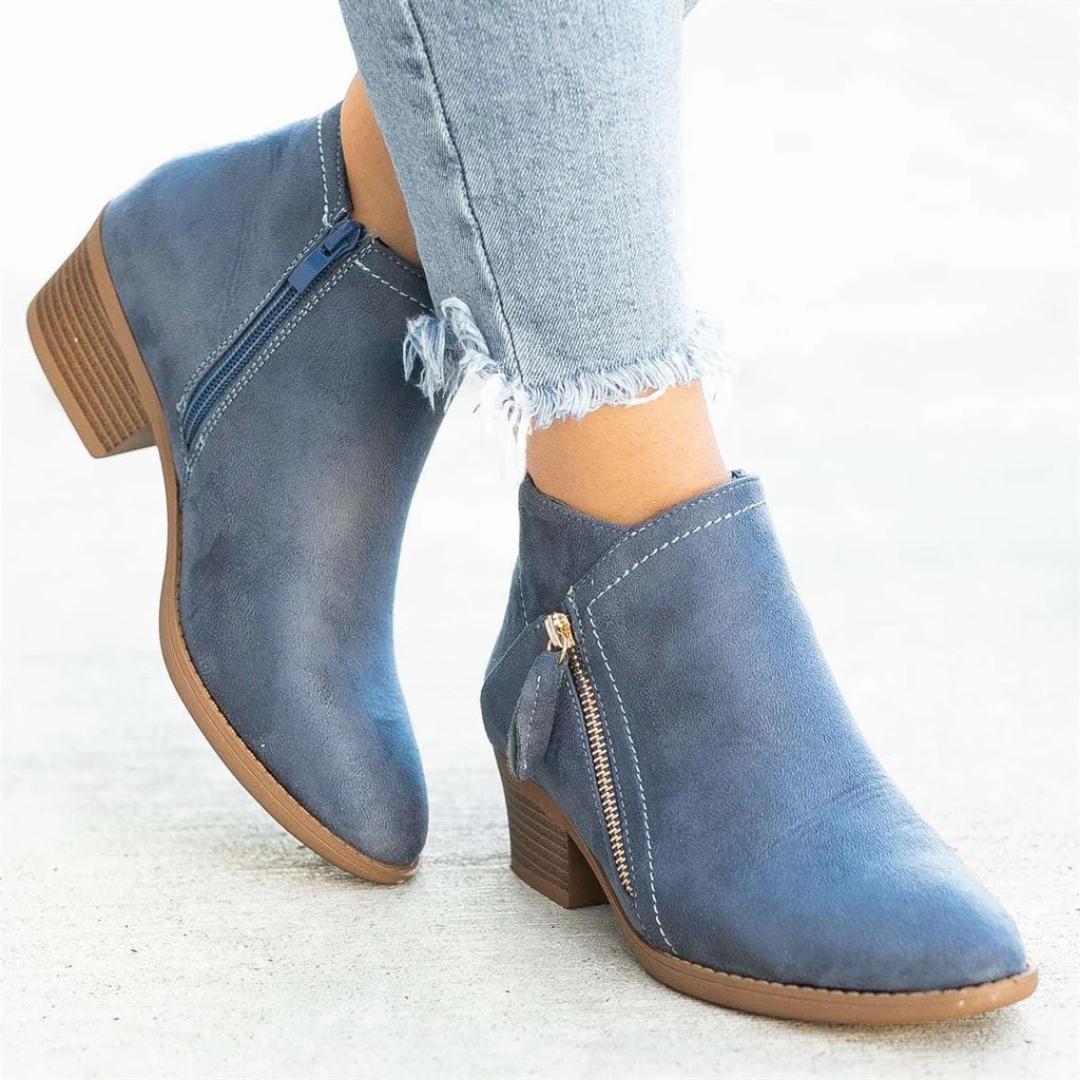 Suede Ankle Booties | Low Block Heel | Side Zip Casual Boots