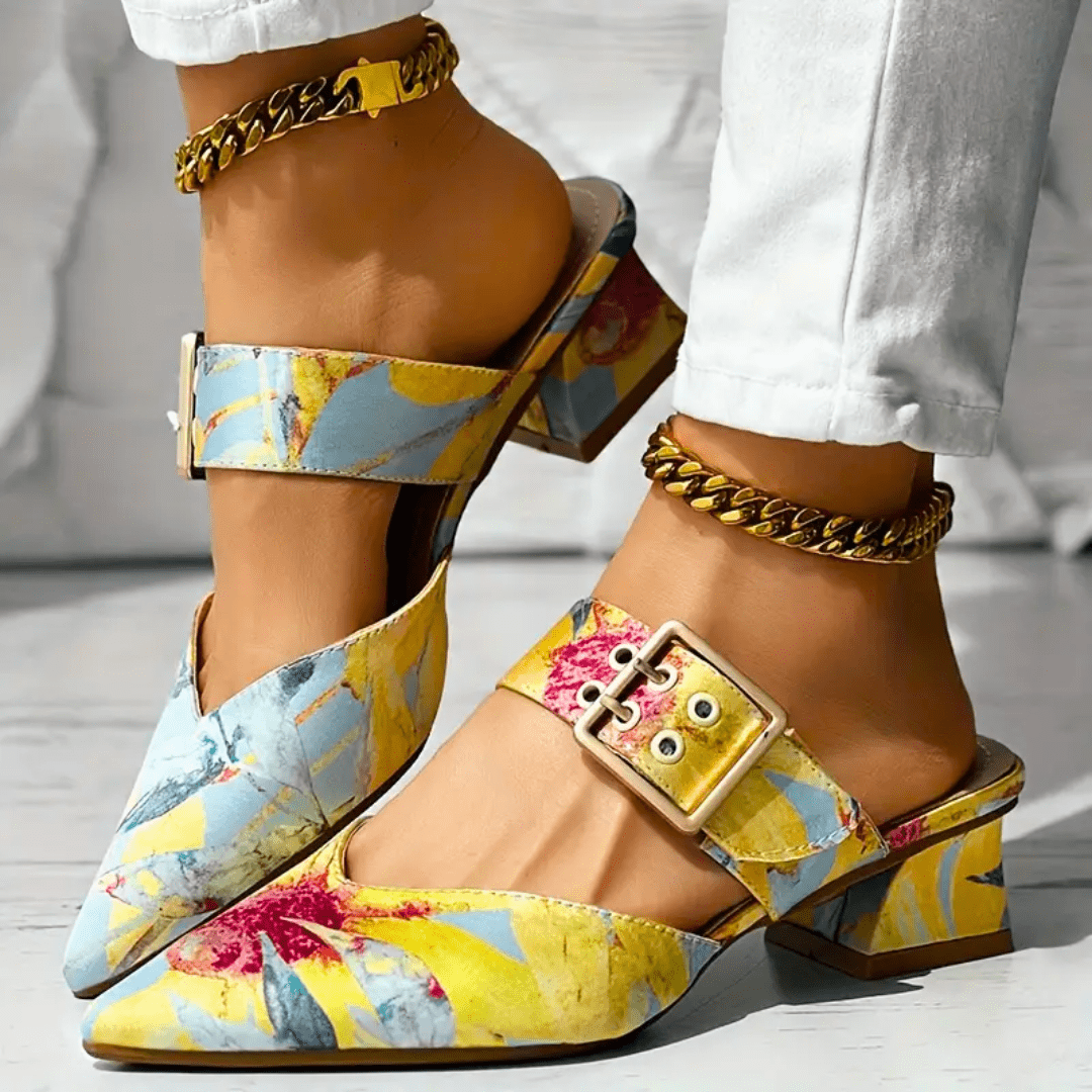 Pointed Buckle Strap Shoes | Bold Block Heel with Vibrant Floral Print