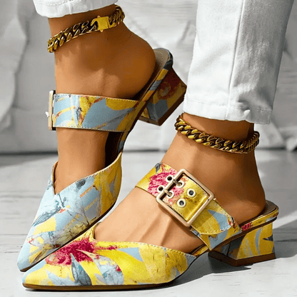 Pointed Buckle Strap Shoes | Bold Block Heel with Vibrant Floral Print