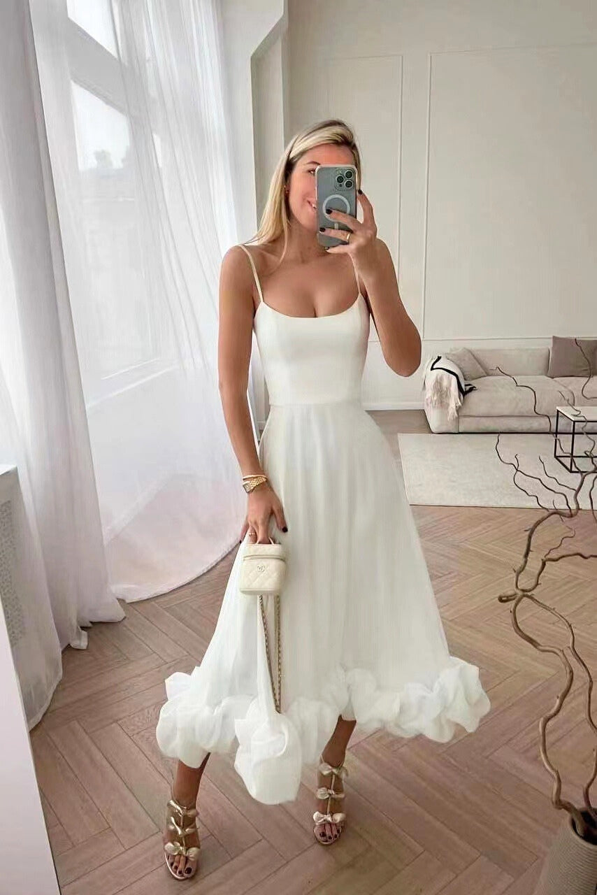Ruffle-Hem Midi Dress | Spaghetti Straps & Fitted Bodice | Sky Blue Formal Look