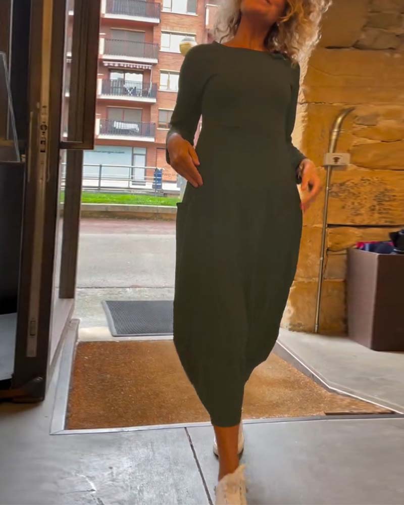 Minimal Long Sleeve Knit Dress | Soft Stretch Jersey | Relaxed Midi Fit
