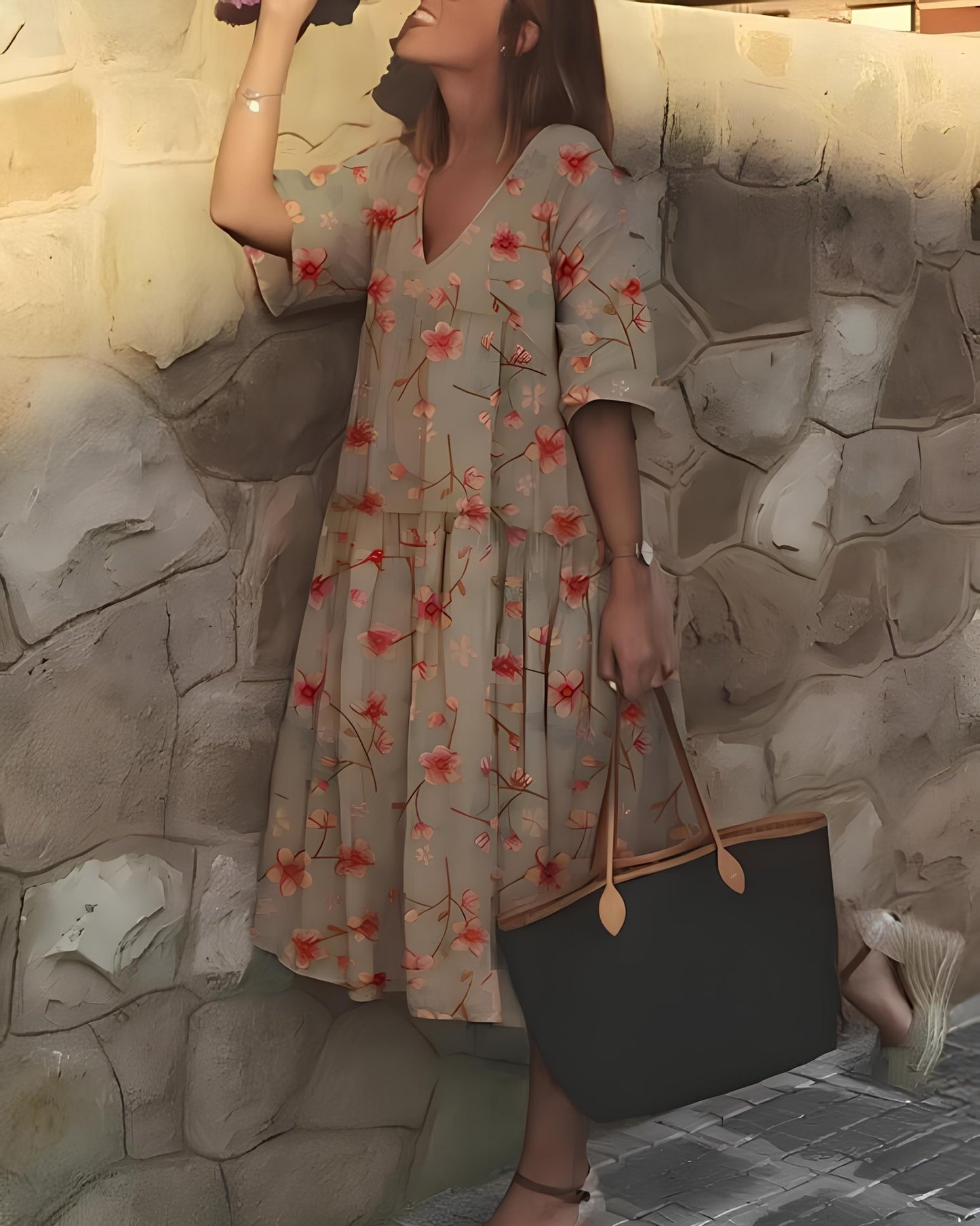 Floral Tiered Midi Dress | V-Neckline | Relaxed Cotton Blend