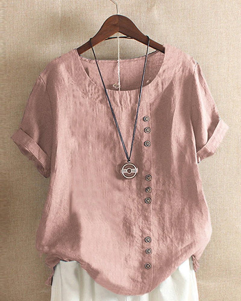 Asymmetric Button Linen Top | Relaxed Fit | Short Sleeve