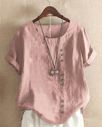 Asymmetric Button Linen Top | Relaxed Fit | Short Sleeve
