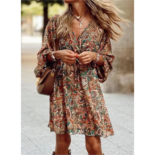 Women's Paisley Print Mini Dress | Flowy Long Sleeve V-Neck | Casual Boho Fall Outfit