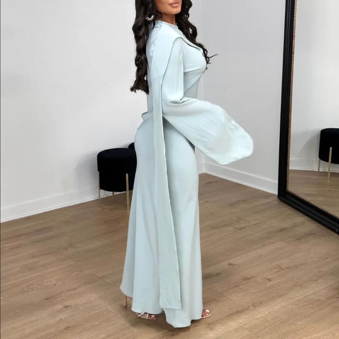 Elegant Maxi Gown | Draped Sleeve & High Neck | Modest Formal Evening Dress