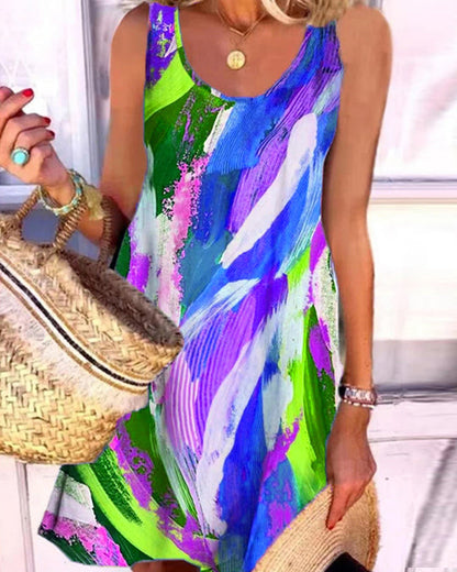 Sleeveless A-Line Dress | Abstract Brushstroke Print | Lightweight Casual Fit