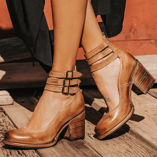 Vintage Block Heel Sandals | Triple-Strap Ankle Buckle with Stacked Heel