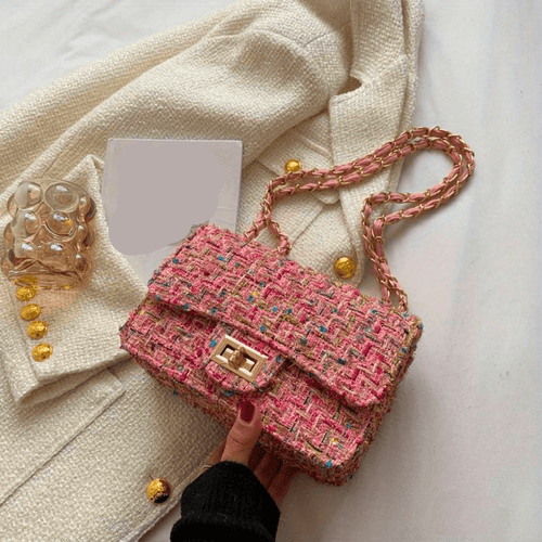 Mini Tweed Crossbody Bag | Gold Chain Strap | Textured Finish