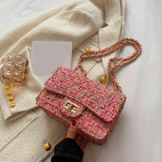 Mini Tweed Crossbody Bag | Gold Chain Strap | Textured Finish