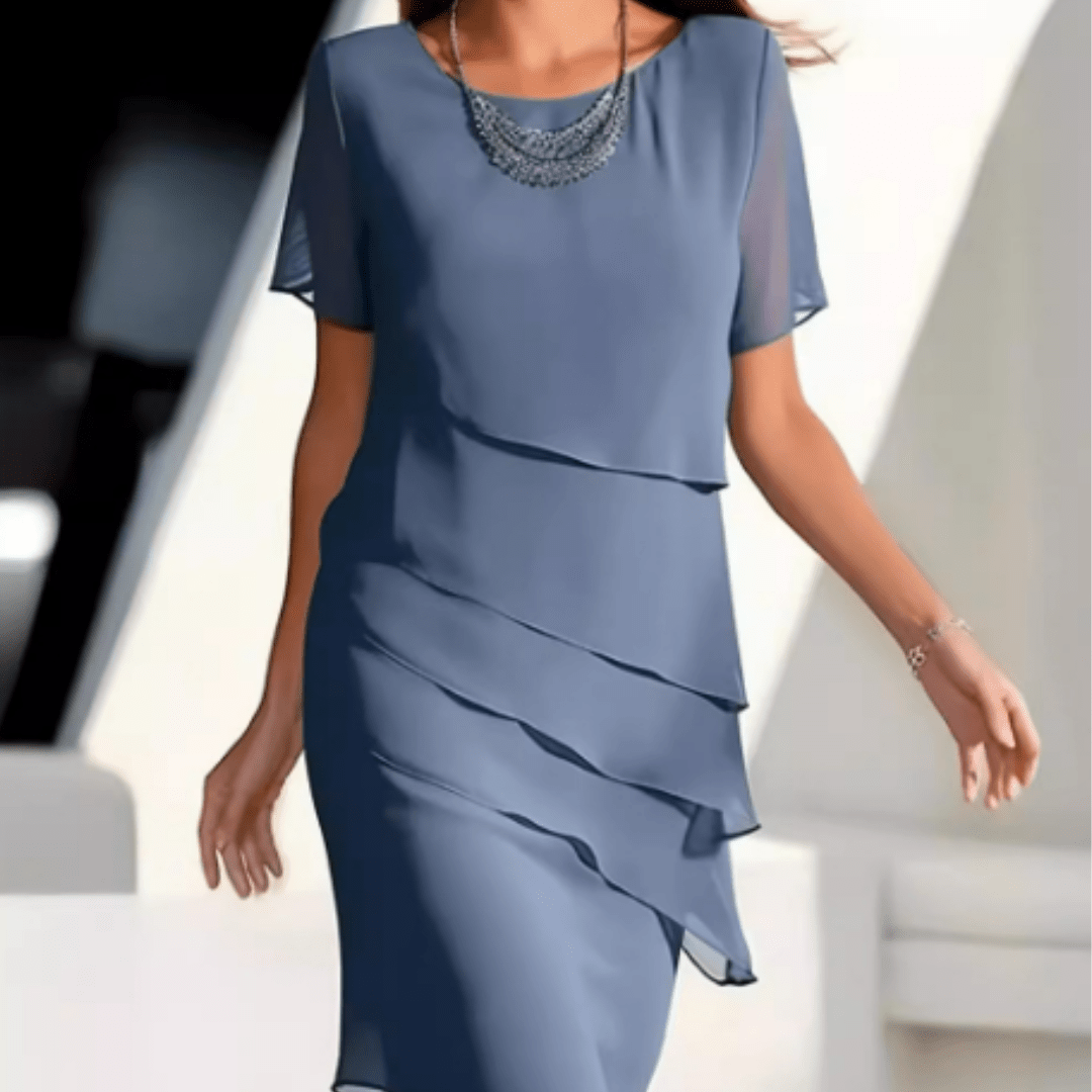 Layered Chiffon Sheath Dress | Short Sleeve | Elegant Draped Overlay