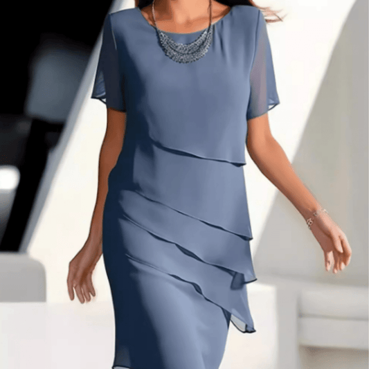Layered Chiffon Sheath Dress | Short Sleeve | Elegant Draped Overlay
