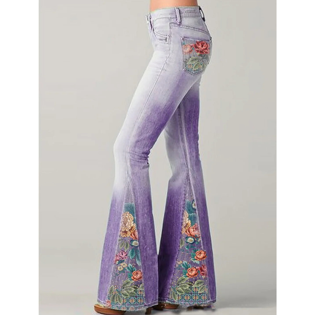 Boho Flared Jeans | Ombre Wash with Floral Embroidery | High-Waist Retro Fit