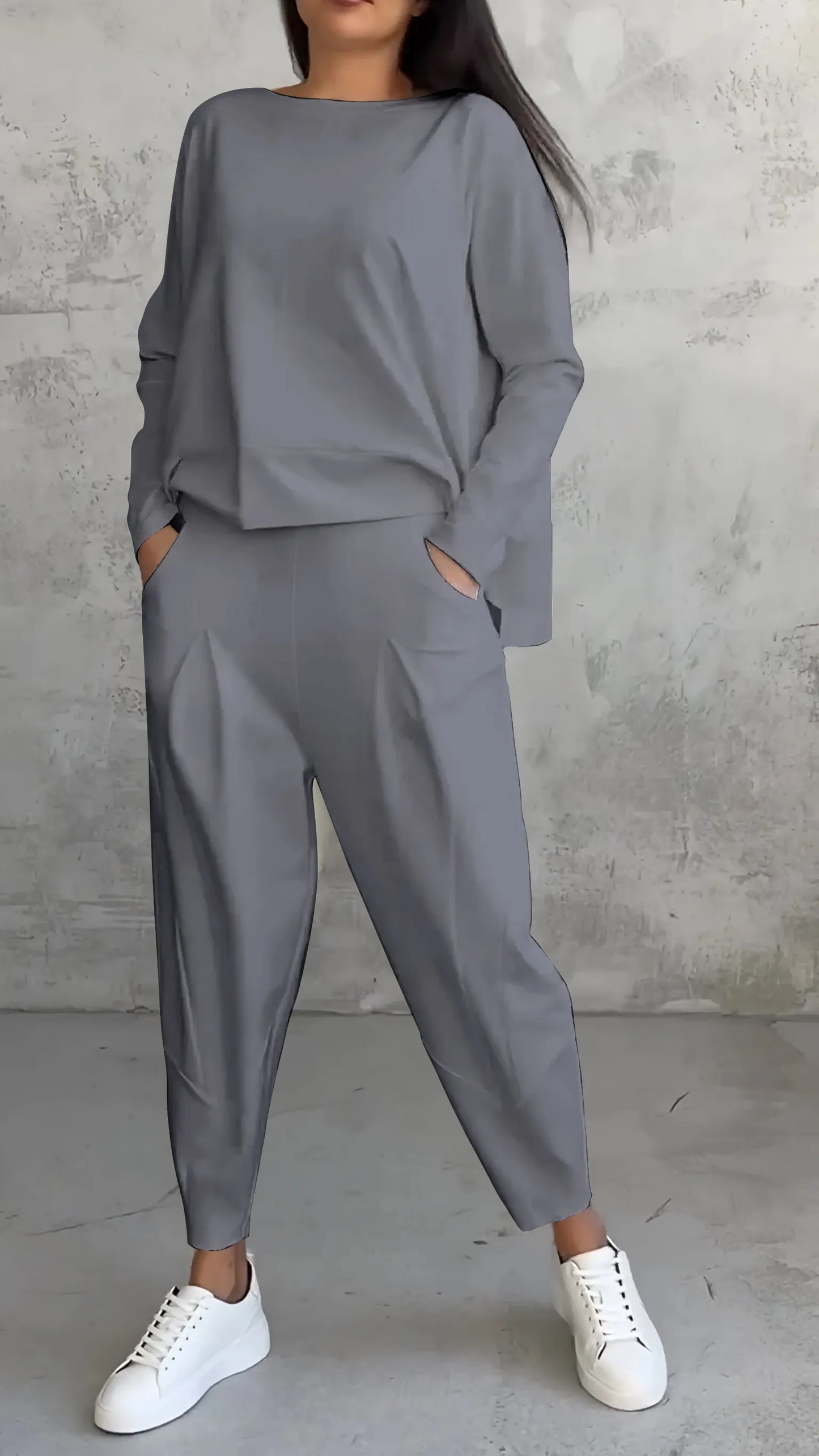 Relaxed Two-Piece Set | Long Sleeve Top | Tapered Pull-On Pants