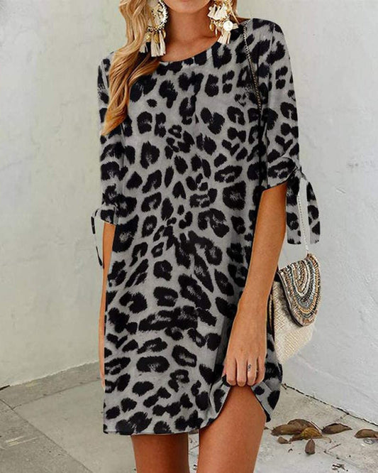 Women’s Leopard Print Mini Dress | Short Sleeve Tie Detail | Casual Animal Print Tunic