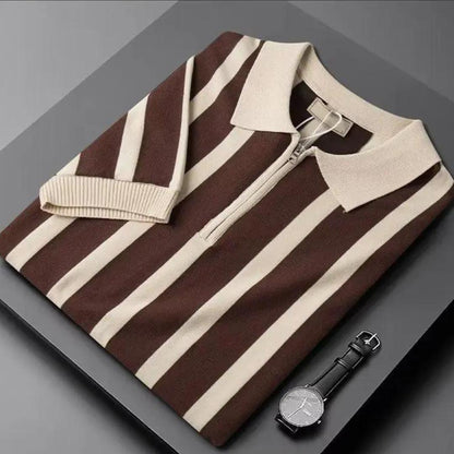 Men’s Striped Half-Zip Polo Shirt | Retro Knit Design | Summer Smart-Casual